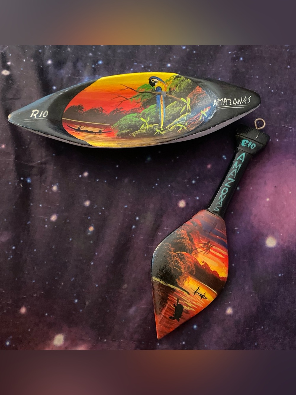 Set Lot Of 2 Canoe & Paddle Wall Decor Wood Amazon Rio Tropical Beach Parrot